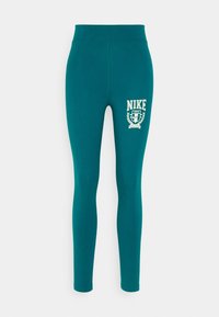 Teal Nike leggings med hög midja, tillverkade i elastiskt material. Har en vit tryckt logotyp och emblem på vänster lår.