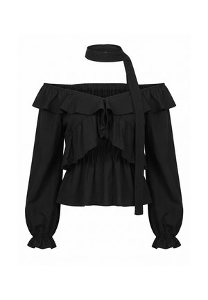 Blusa nera con spalle scoperte e maniche lunghe, scollo arricciato, vita e maniche raccolte, con lunga cravatta per il collo attaccata.