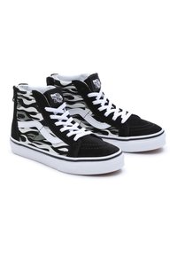 Zwarte hoge sneakers met vlamgraphics, suede bovenwerk, witte veters, Vans-logo label, rubberen zool en contrasterende witte accenten.