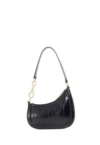 Black croc-embossed handbag with a curved silhouette, a single strap, gold hardware accents, and a zip closure on one side.