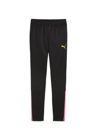 Zwarte sportbroek met een elastische tailleband, voorzien van roze zijstrepen en een klein gouden Puma-logo aan de voorkant. Gladde textuur.