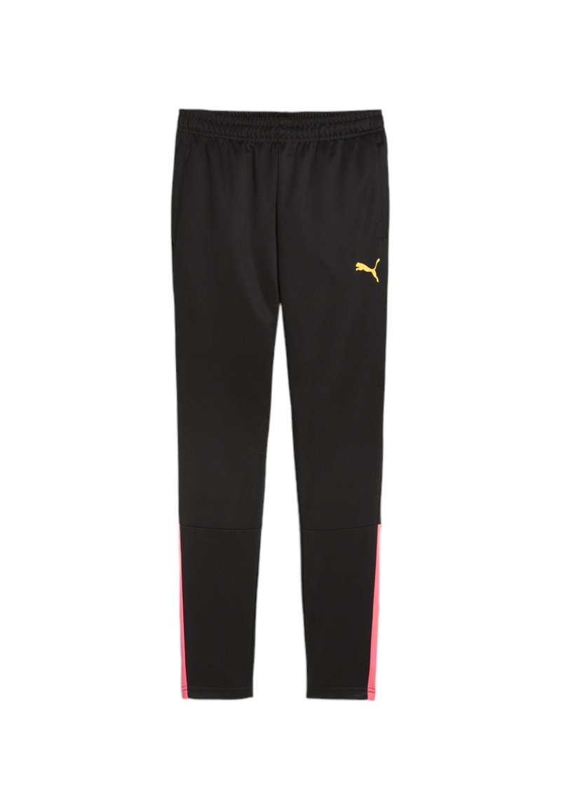 Zwarte sportbroek met een elastische tailleband, voorzien van roze zijstrepen en een klein gouden Puma-logo aan de voorkant. Gladde textuur.
