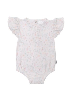 Kurzärmliger Babybody, weiß mit pastellfarbigem Blumenmuster, mit Rüschensleeves, Druckknopfverschluss an der Unterseite, aus weichem Baumwollmaterial.