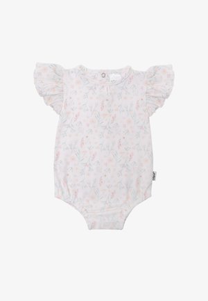 Short-sleeve baby bodysuit, white with pastel floral pattern, ruffled sleeves, snap closure at the bottom, soft cotton material.