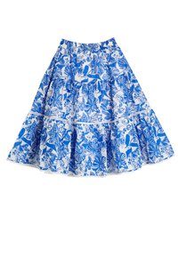Falda con estampado floral en azul y blanco, de diseño acampanado. Confeccionada en tela ligera, cuenta con una cintura elástica y un borde de encaje en el dobladillo.