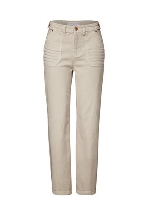 Beige hooggepollige broek van denim, met voorzakken in een geometrisch ontwerp, koperen knopen en een rechte pasvorm.