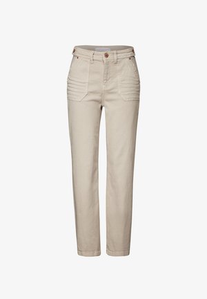 Beżowe spodnie z wysokim stanem wykonane z denimu, z przednimi kieszeniami o geometrycznym wzorze, miedziano-tonowanymi guzikami i prostą nogawką.