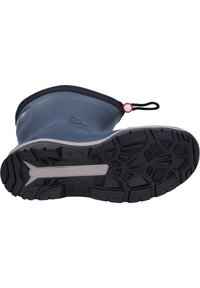 Gray rubber boot with a textured black sole, featuring a red accent on the drawstring and a smooth upper surface.