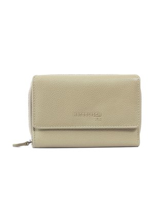Beige textured leather wallet with a zippered compartment, front flap closure, and embossed brand logo on the surface. Compact and rectangular design.
