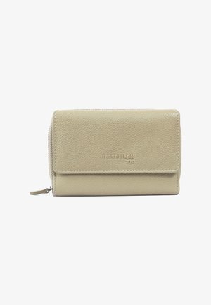 Beige textured leather wallet with a zippered compartment, front flap closure, and embossed brand logo on the surface. Compact and rectangular design.