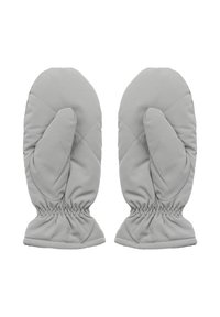 Un paio di muffole grigio chiaro trapuntate con polsini elasticizzati, progettate per calore e comfort.