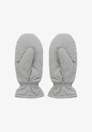 Un paio di muffole grigio chiaro trapuntate con polsini elasticizzati, progettate per calore e comfort.