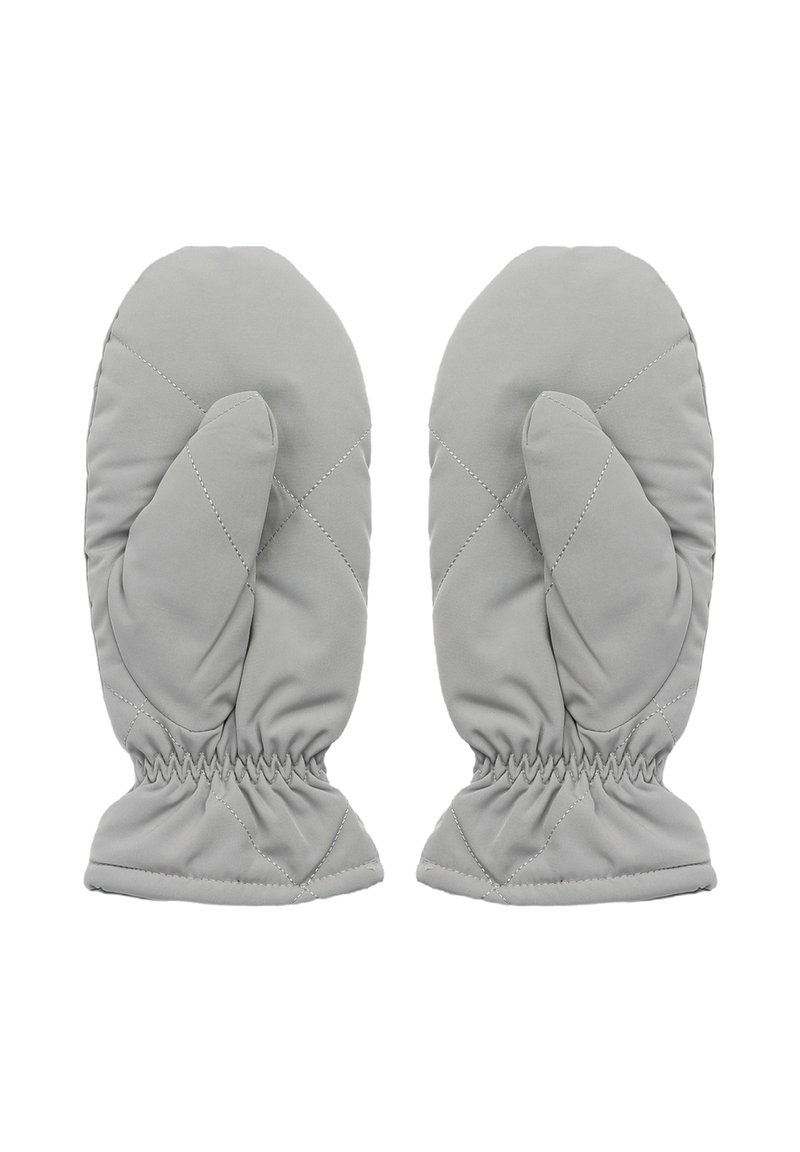 Un paio di muffole grigio chiaro trapuntate con polsini elasticizzati, progettate per calore e comfort.