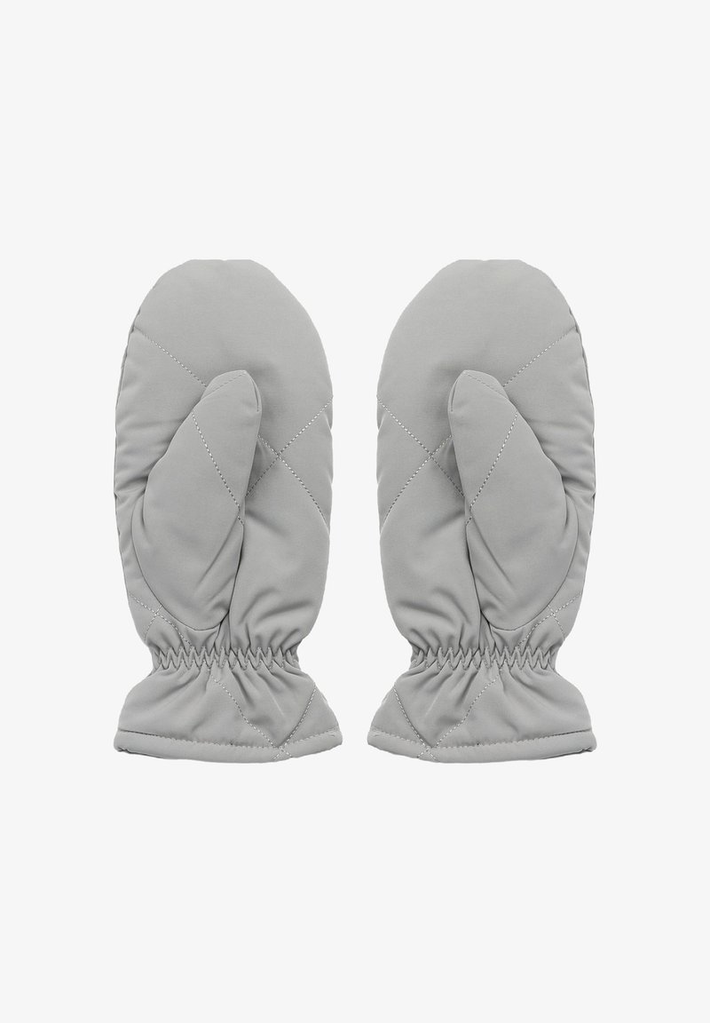 Para jasnoszarych, pikowanych rękawiczek z elastycznymi nadgarstkami, zaprojektowanych z myślą o ciepłocie i komforcie.