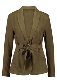 Olivově zelený lněný blazer s šálovým límcem, páskem v pase, dvěma předními kapsami a dvěma hnědými knoflíky. Texturovaná tkanina s hladkým povrchem.