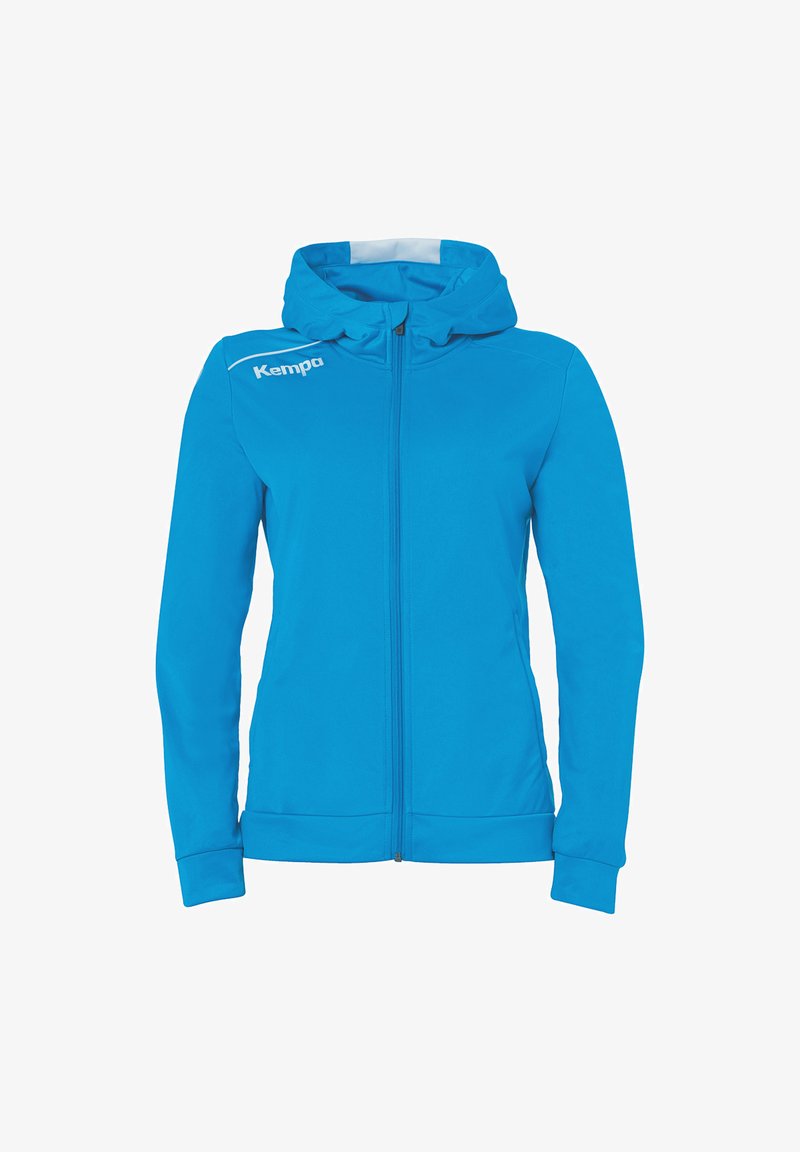 Felpa con zip blu, dotata di cappuccio, tasche laterali e polsini a coste. Realizzata in materiale morbido con un logo sul lato superiore sinistro.