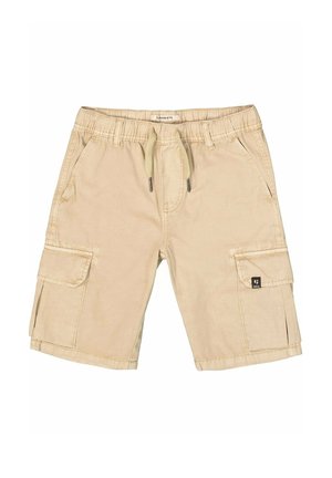 Beige Cargoshorts mit vorderem Kordelzug, elastischem Bund, Seitentaschen und Klappentaschen an beiden Beinen, auf weißem Hintergrund dargestellt.