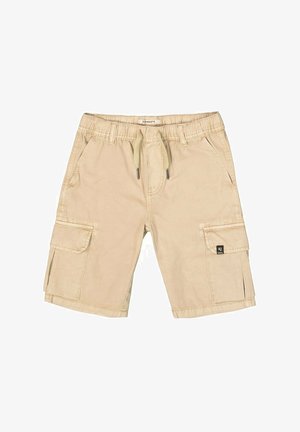 Beige Cargoshorts mit vorderem Kordelzug, elastischem Bund, Seitentaschen und Klappentaschen an beiden Beinen, auf weißem Hintergrund dargestellt.