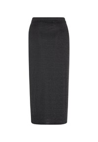 Czarna spódnica ołówkowa charakteryzująca się gładkim, dopasowanym krojem z delikatnym połyskiem. Wykonana z elastycznego materiału, ma wysoki stan i długość do kolan.