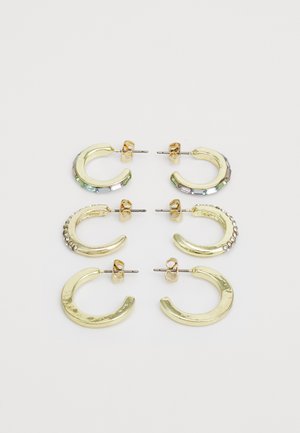 Gold-toned hoop earrings set, featuring varying designs: smooth, textured, and embellished with rhinestones and iridescent accents.