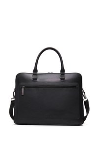 Bolso de cuero negro con forma estructurada, asas superiores, correa de hombro ajustable y un bolsillo delantero con cremallera para un almacenamiento seguro.