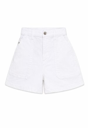 Białe szorty jeansowe z wysokim stanem, z przednim guzikiem, zamkiem błyskawicznym, szlufkami na pasek, dwoma przednimi kieszeniami naszywanymi oraz szerokimi nogawkami.