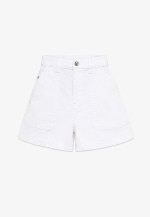 Witte denim shorts met hoge taille, vooraan knoopsluiting, ritssluiting, riemlussen, twee opgestikte voorzakken en brede pijpopeningen.