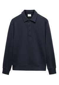 Polo a maniche lunghe di un blu scuro, realizzato in un tessuto misto cotone, con colletto, patta con tre bottoni e polsini e orlo a coste.