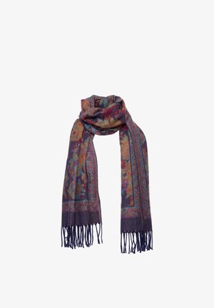 Vævet tørklæde med flerfarvet blomster paisley-mønster i lilla, blå, rød og guld toner, afsluttet med lange frynser i begge ender.