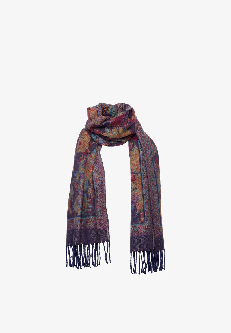 Woven scarf with multicolor floral paisley pattern in purple, blue, red, and gold tones, finished with long tassels on both ends.