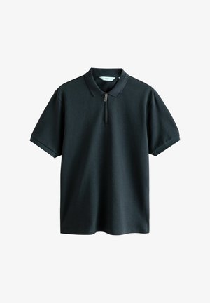 Musta polo-paita, jossa on kaulus ja lyhyet hihat, ja jossa on vetoketjullinen etuosa ja teksturoitu kangas. Säännöllinen istuvuus.