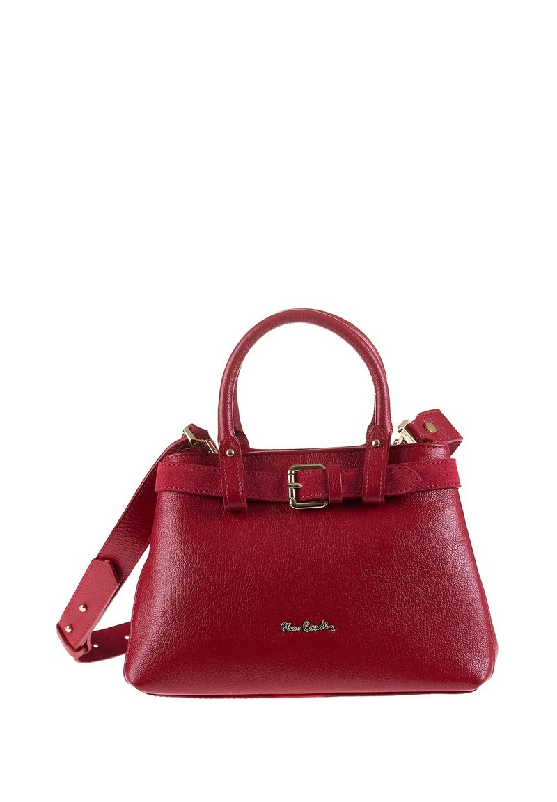 Sac à main en cuir rouge avec une forme structurée, doté de deux poignées, d'une bandoulière réglable et d'un accent en boucle à l'avant.