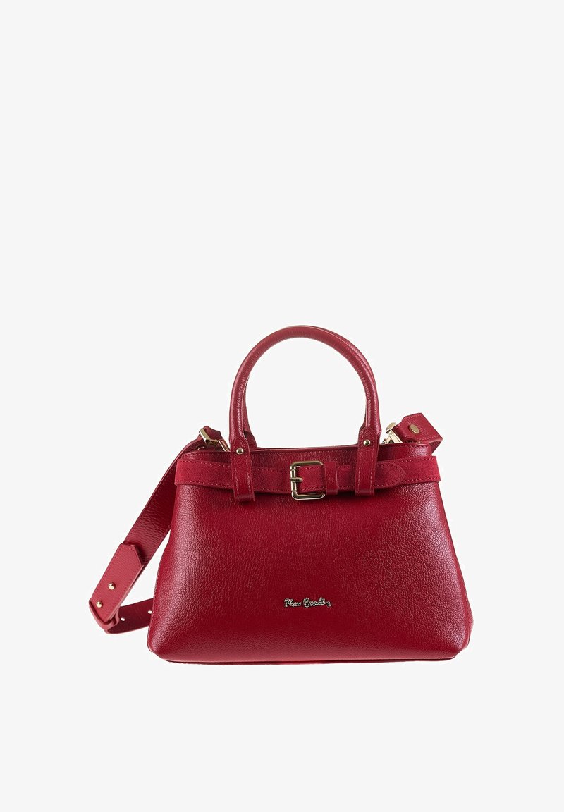 Red leather handbag with a structured shape, featuring dual handles, an adjustable strap, and a buckle accent on the front.