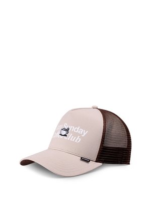 Beige and brown mesh baseball cap with curved brim, featuring white text "Lazy Sunday Coffee Club" and a coffee cup graphic on front.