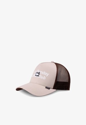 Beige and brown mesh baseball cap with curved brim, featuring white text "Lazy Sunday Coffee Club" and a coffee cup graphic on front.