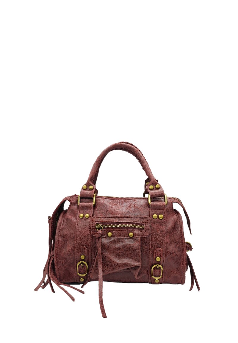 Sac à main en cuir rouge avec quincaillerie en ton doré, poche zippée à l'avant, deux poignées et pompons latéraux amovibles ; design texturé, de taille moyenne et structuré.