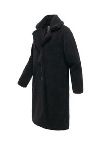 Svart, fluffig, lång kappa i texturerat tyg, med snedkrage, framknappar och långa ärmar.