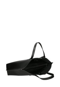 Borsa a mano in pelle nera con un design strutturato, caratterizzata da una parte superiore curva, una tasca con zip e una tracolla singola. Texture liscia.