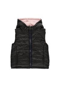 Czarna puchowa kamizelka z kapturem, z różowym podszewką, przednim zamkiem błyskawicznym i bocznymi kieszeniami. Teksturowany prążkowany wzór na zewnętrznej warstwie.