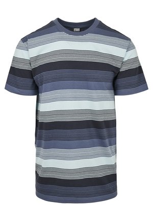 Striped T-shirt in blue tones with varying horizontal lines. Cotton material, crew neck design, and short sleeves. No notable accents.
