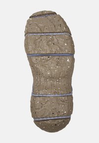 Brown textured rubber sole with blue and white accent lines and black speckles. Features a curved shape and brand logo embossed on the surface.