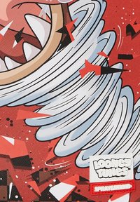 Mochila roja con gráficos de Looney Tunes que presenta un diseño en espiral, patrón de dientes y formas geométricas vibrantes. Tejido texturizado, etiqueta de marca.