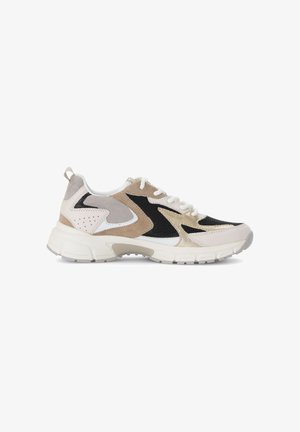 Chunky sneaker in beige, black, gray, and white with mixed suede and mesh panels, white laces, and a thick textured sole.