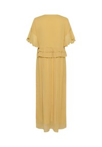 Yellow maxi dress with layered ruffle accents at the waist and flutter sleeves. Made of lightweight fabric with a smooth texture.