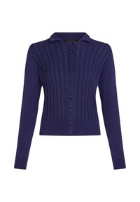 Dunkelblauer Button-Up-Cardigan mit geripptem Muster, mit Kragen und sechs Knöpfen auf der Vorderseite, tailliert.