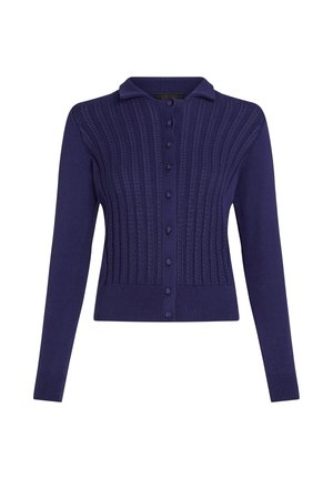 Dunkelblauer Button-Up-Cardigan mit geripptem Muster, mit Kragen und sechs Knöpfen auf der Vorderseite, tailliert.