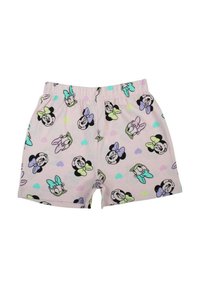 Short rose pâle avec un motif de têtes de souris noires dessinées, ornées de nœuds colorés et de cœurs. Taille élastique avec une coupe ample.