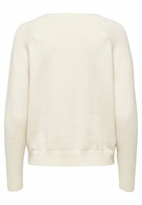 Cremfarbener Pullover aus weichem Stoff, mit Rundhalsausschnitt, geripptem Saum und Bündchen sowie einer einfachen, strukturierten Oberfläche.