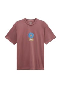 Camiseta de algodón rosa con un gráfico de flor azul con cara sonriente y texto "VANS" en amarillo debajo del diseño. Manga corta.