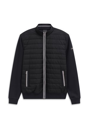Schwarze Zip-Jacke mit gestepptem Vorderteil, langen Strickärmel, zwei mit Reißverschluss versehenen vorderen Taschen sowie einem gerippten Kragen und Bündchen.